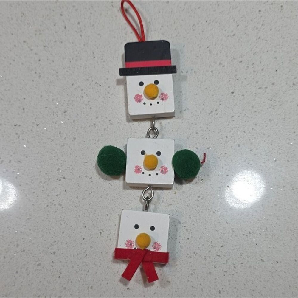 Wood Snowman Christmas Hanging Ornament White Black Red Green Yellow Fabric